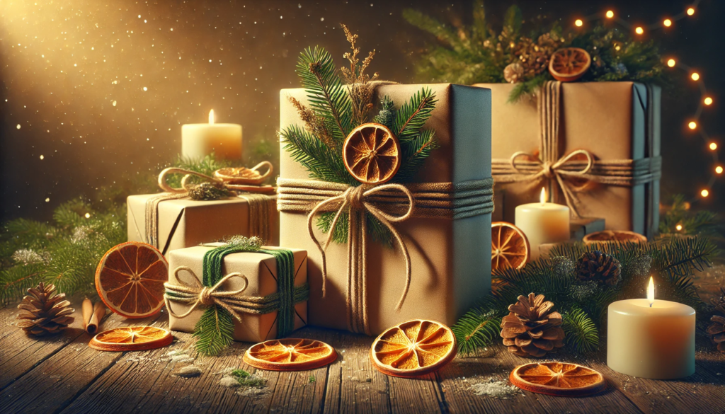 Cadeaux de Noël éthiques emballés dans du papier kraft recyclable, décorés avec des ornements naturels comme des tranches d’orange séchées, des pommes de pin et des brins de verdure, sur une table en bois avec une lumière chaleureuse.